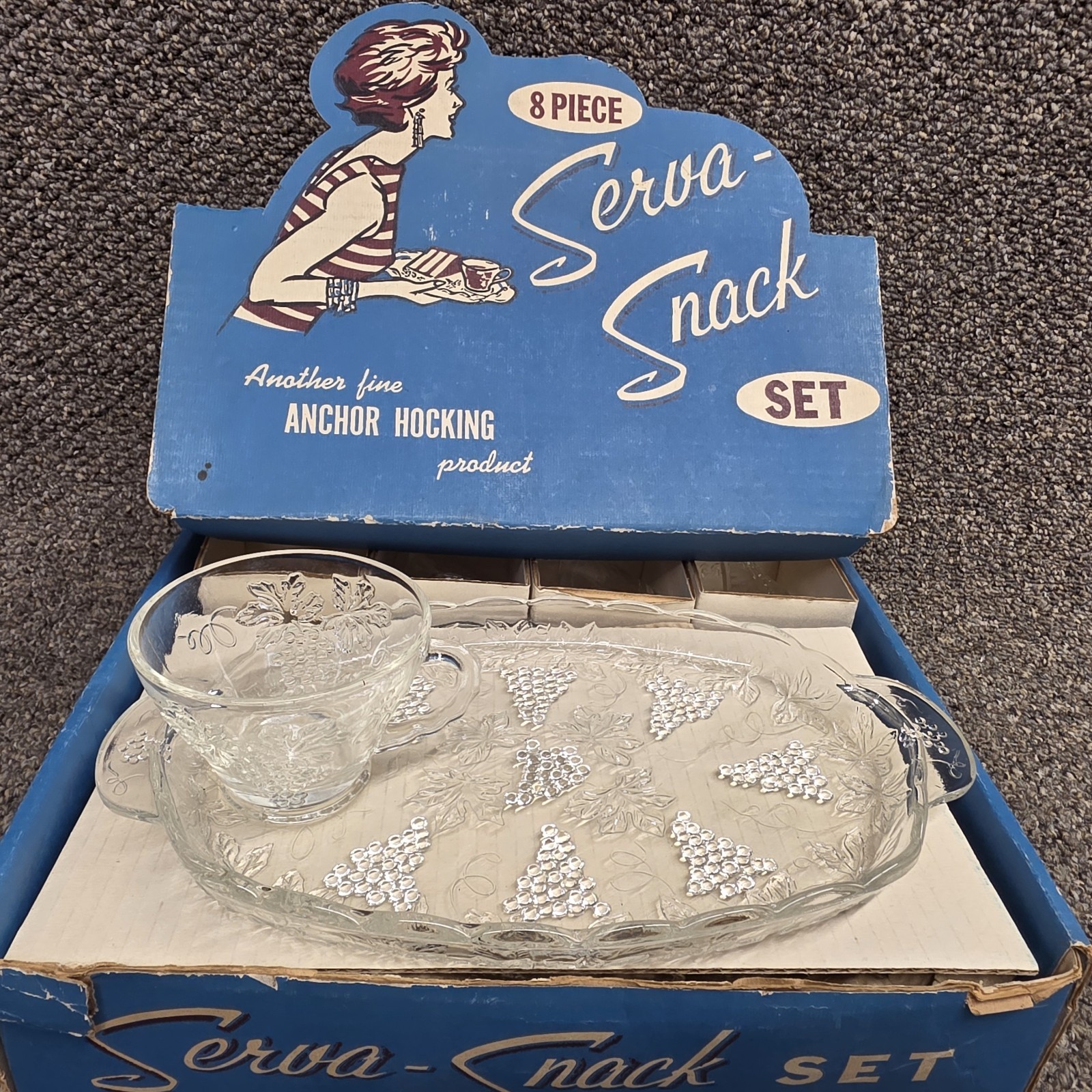 Vintage Anchor Hocking Serva-Snack Set, Grapevine Pattern, Mid-Century Serves 4 gallery