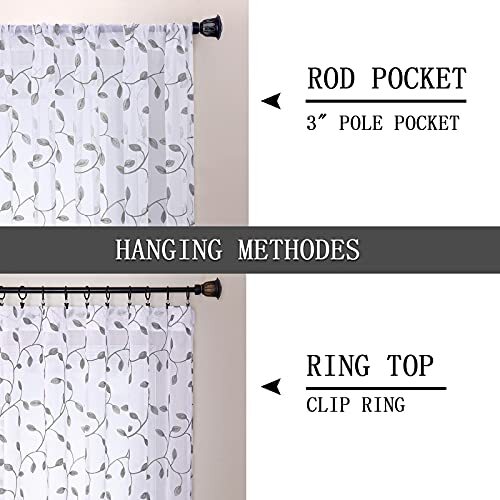 Leaves Sheer Valance Curtains Leaf Embroidery Bedroom Curtain 54"W x 16"L Grey gallery