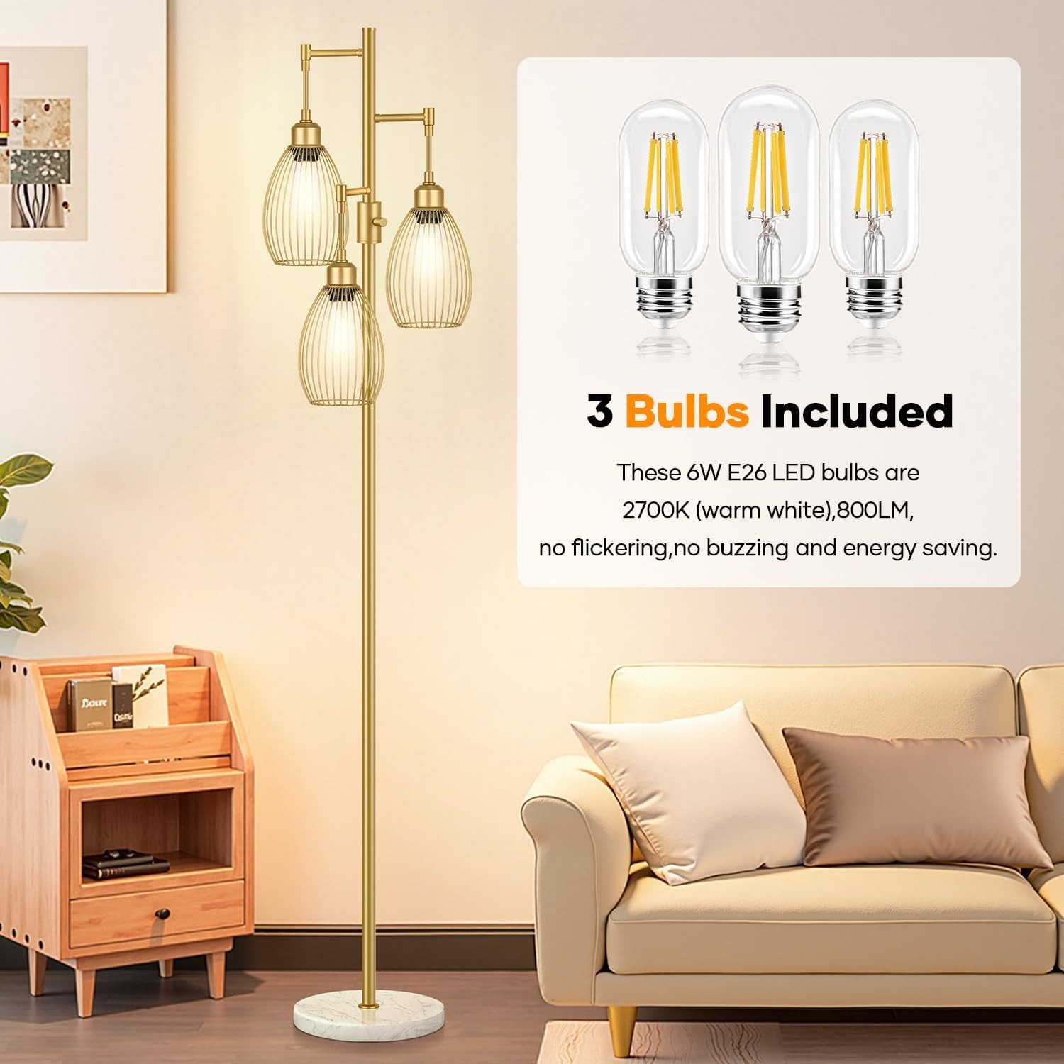 Dimmable floor lamp with three 800-lumen LED bulbs. gallery