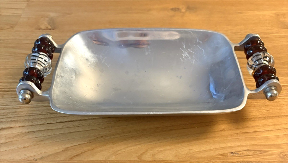 Stainless Steel Beaded Handle Serving Tray Bowl Rectangular Jewelry Dish 10.5"