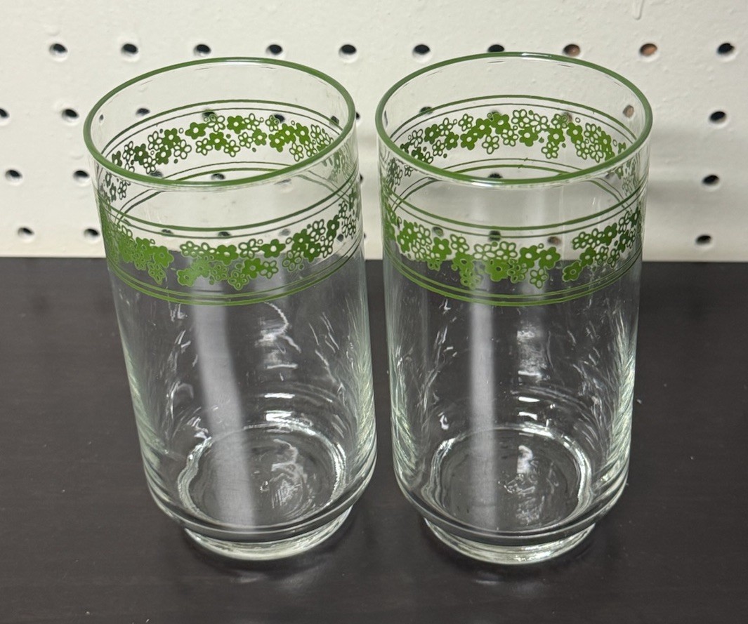 2 Libbey Corelle Spring Blossom Drinking Glasses Crazy Daisy Green Rim 5” Tall gallery