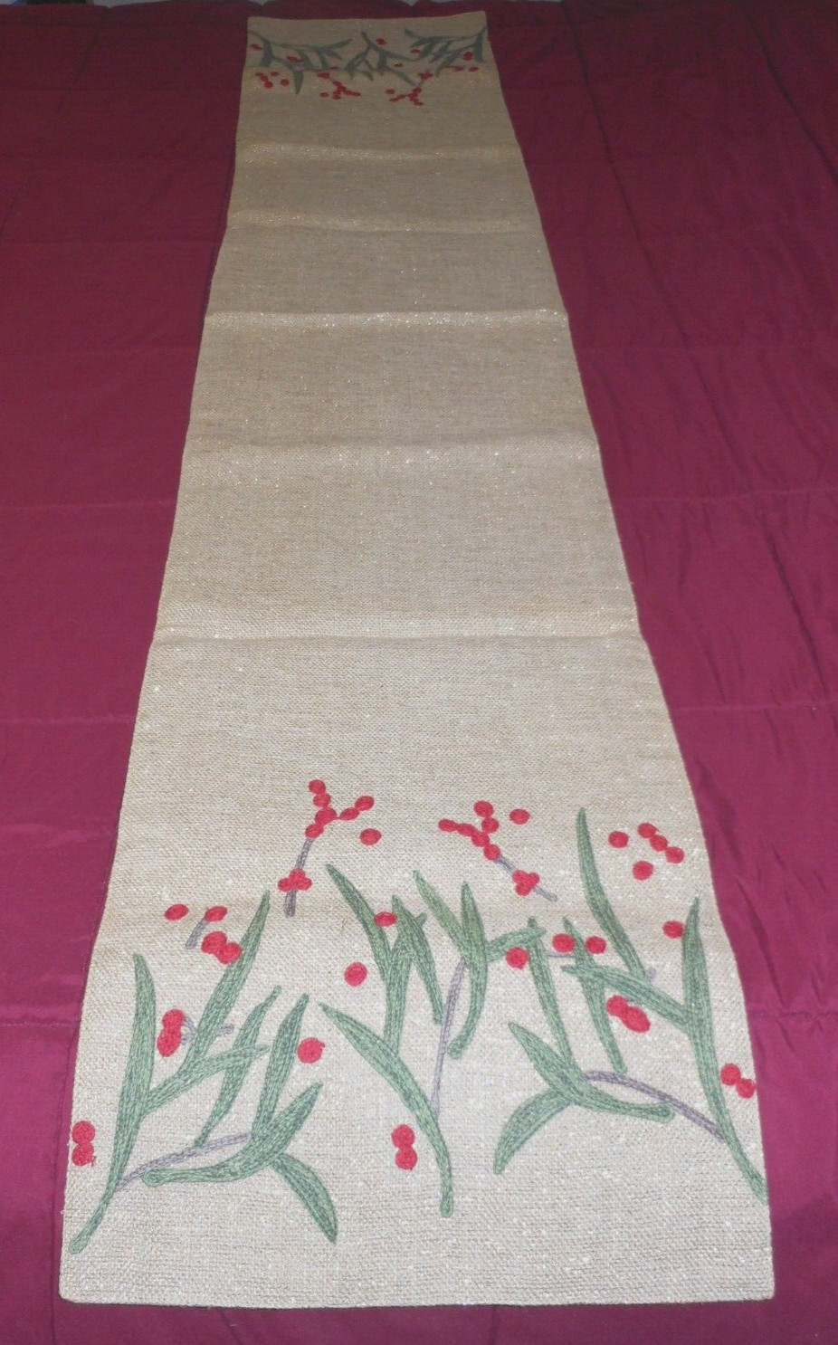 Christmas Table Runner Burlap w/Sparkle Threads Stems & Berries Lined 70" x 14" gallery