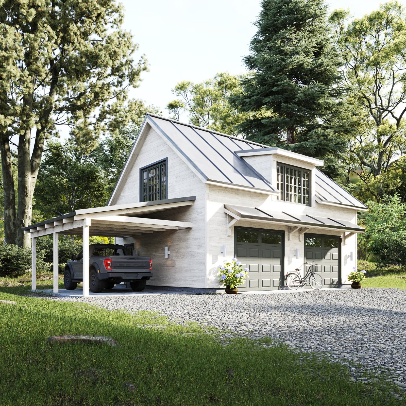Traditional 2-car Detached Garage Plan with Attic and Carport gallery