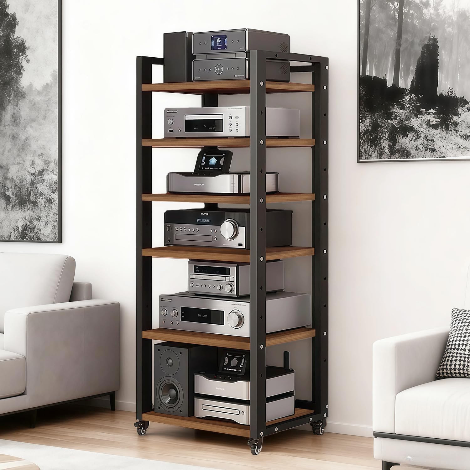 6 Tier AV Media Stand with Wheels Adjustable Metal Audio Video Storage Rack gallery