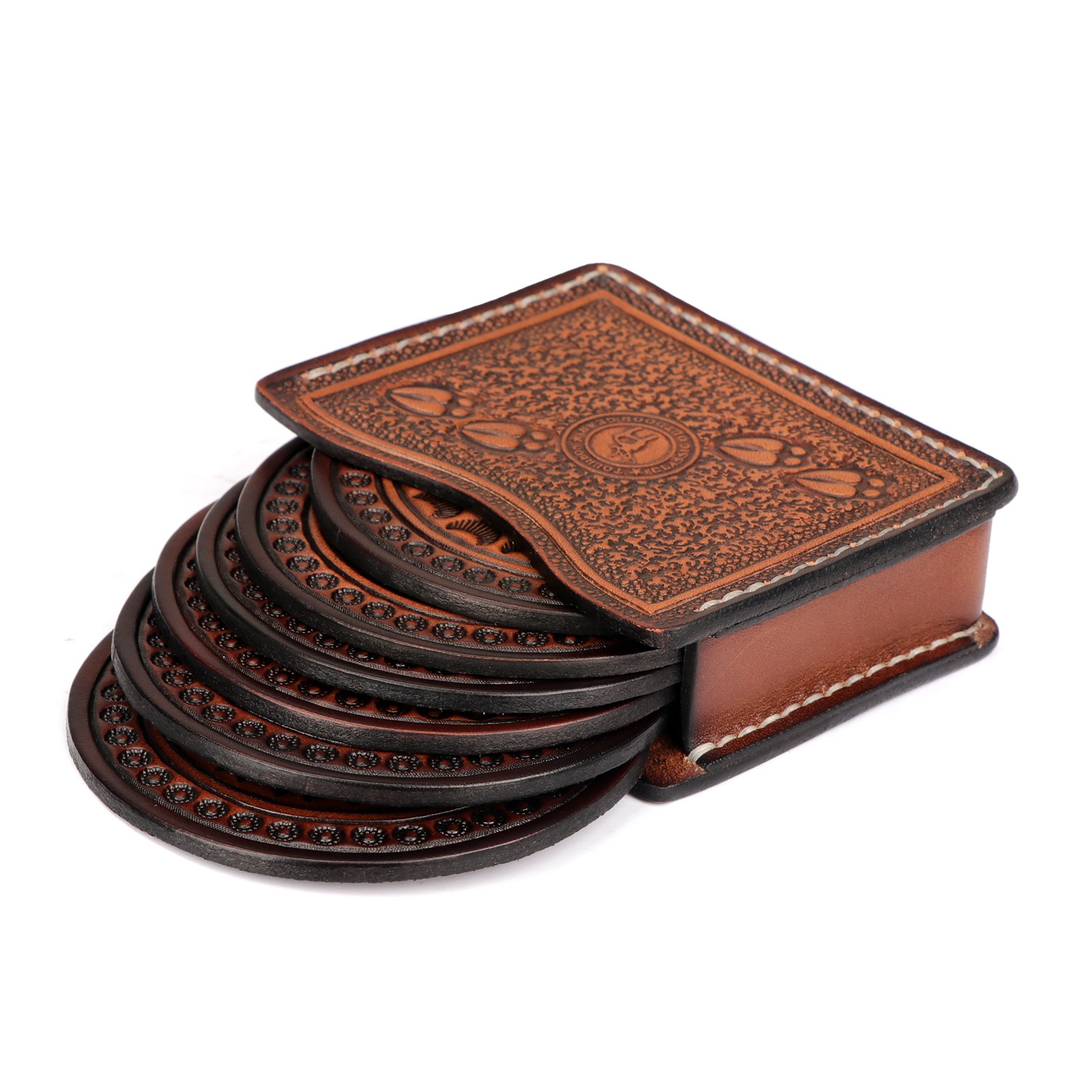 Tourbon Leather Drink Coasters Set with Holder 6 Pcs Round Cup Pads Barware Set gallery