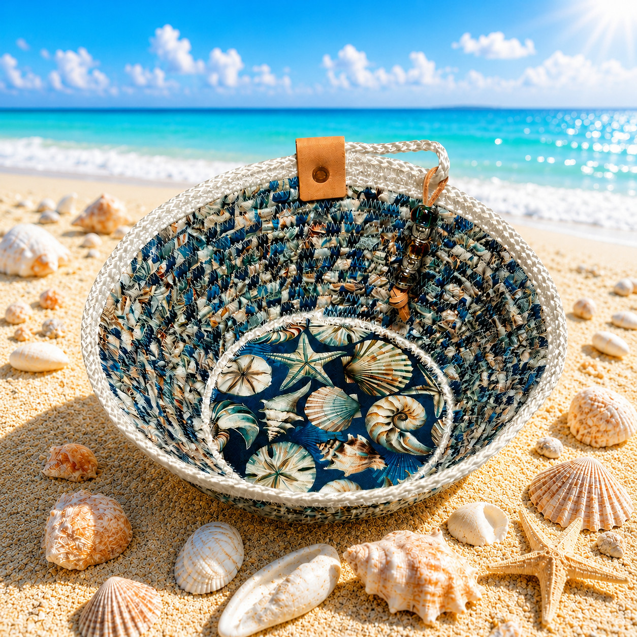 Sea Shells Starfish Clams Snails Handmade Fabric Wrapped Rope Bowl Video & Pics gallery