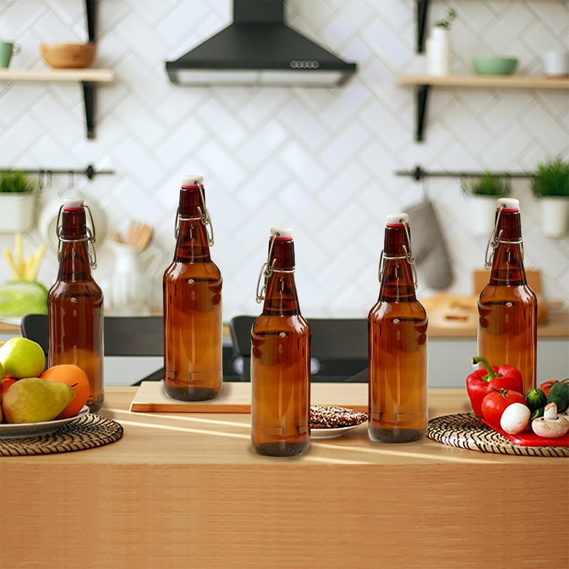 Zelomithe 16oz Amber Glass Bottles with Airtight Rubber Seal Flip Caps (10 Pack) gallery