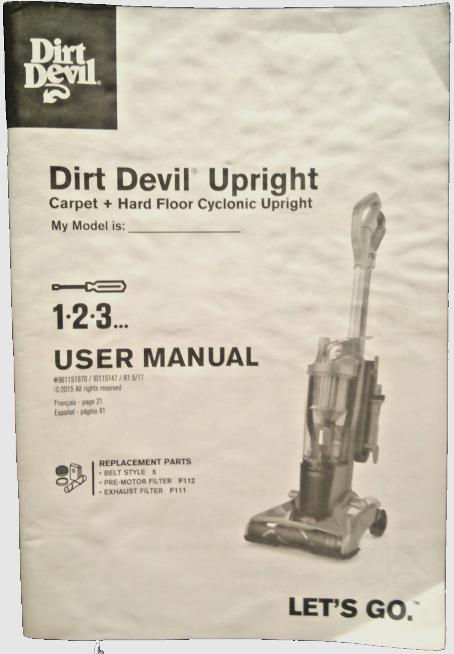 Dirt Devil Upright Vacuum USER MANUAL Instruction Carpet/Hard Floor Cyclonic X31 gallery