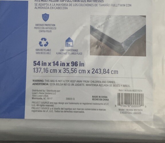 Project Source Full/Twin Clear Mattress Bag #0377074. 54x14x96in. New gallery