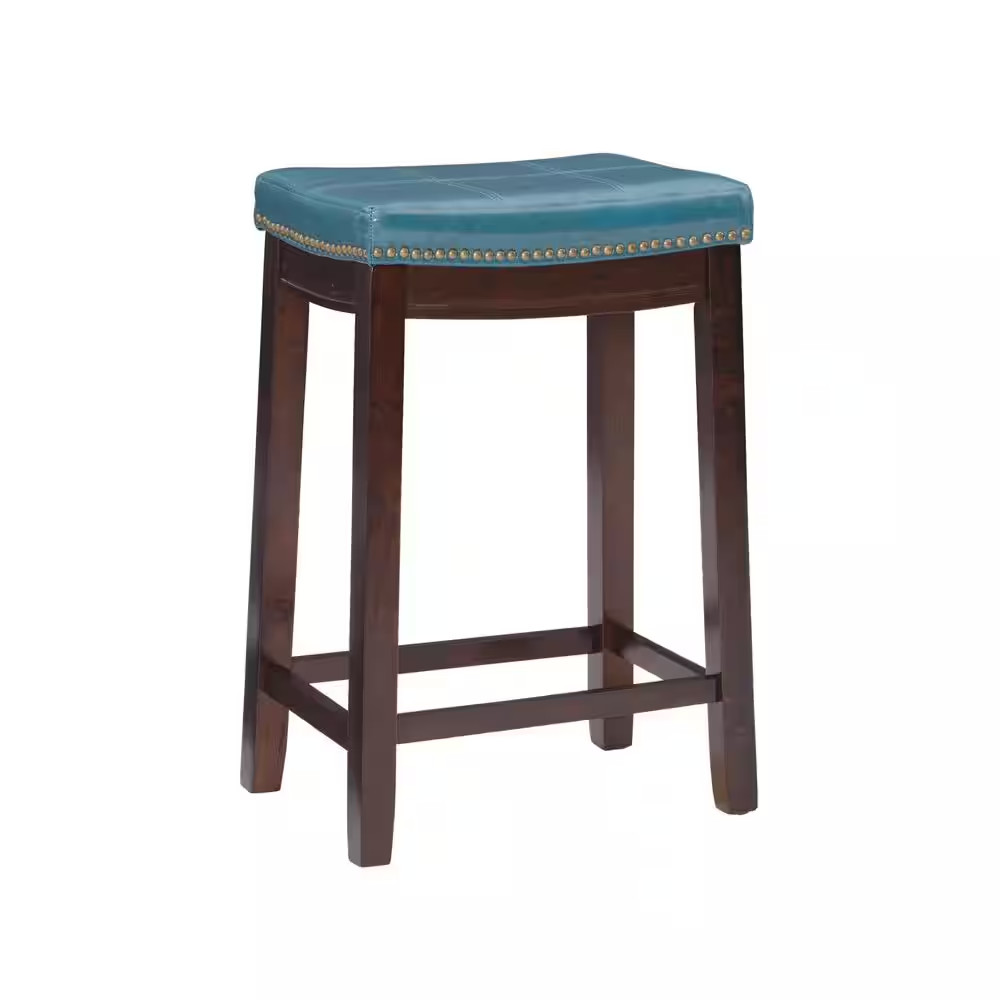Concord 26.5 In. Dark Brown and Blue Backless Wood Counter Stool with Faux Leath gallery