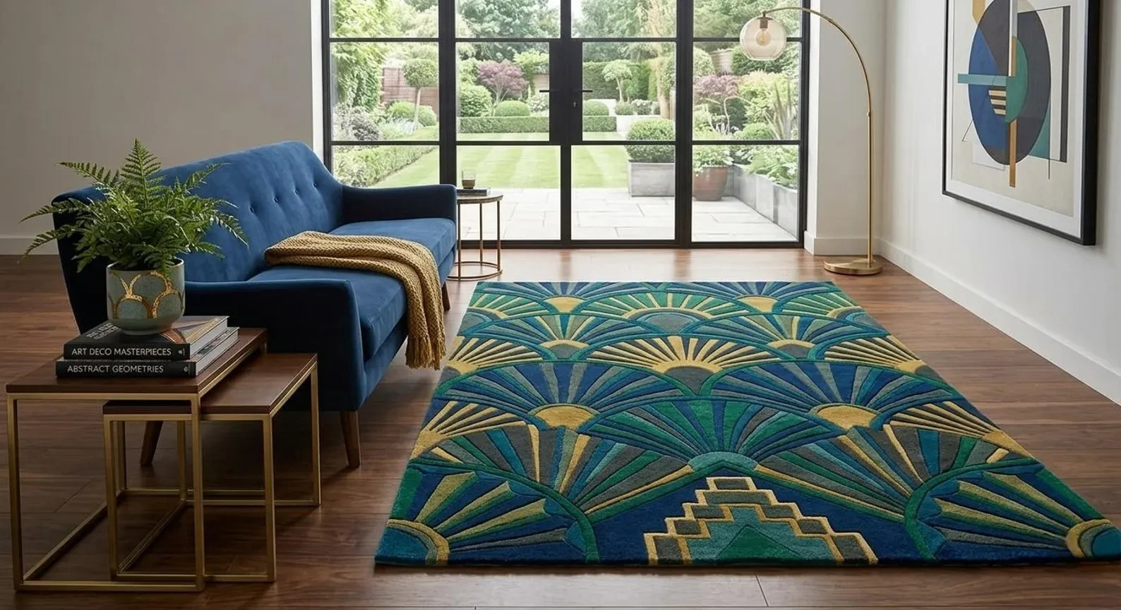 Art Deco Fan Pattern Hand Tufted Wool Area Rug – Blue Green Geometric Luxury Rug gallery