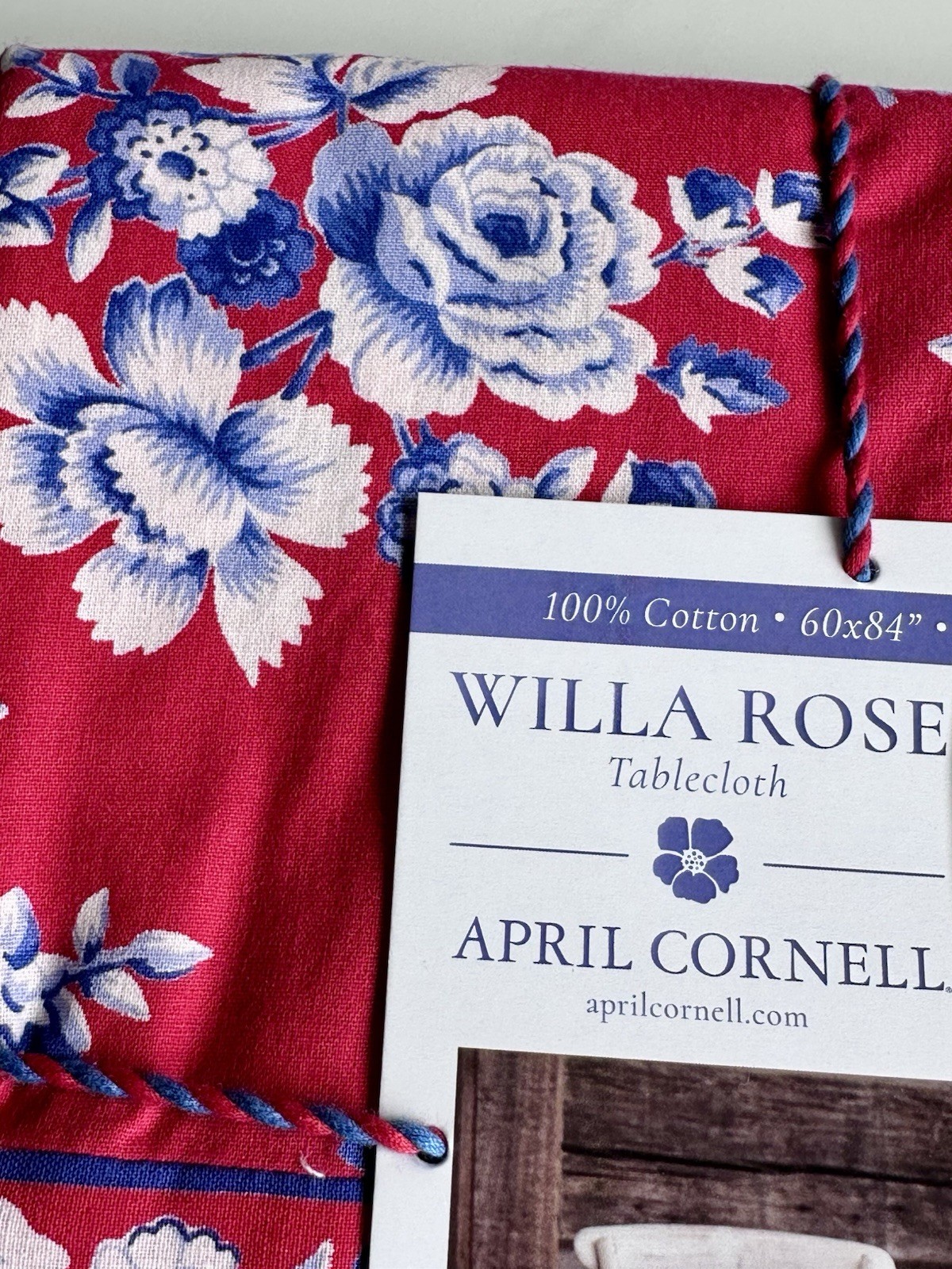 NWT APRIL CORNELL - WILLA ROSE - RED WHITE BLUE FLORAL - 60" x 84" TABLECLOTH gallery