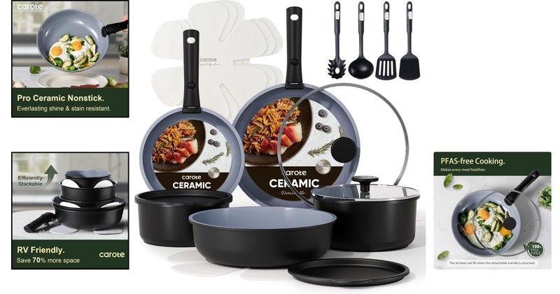 Versatile 19PC Non-Toxic Ceramic Cookware Set with Detachable Handle & Utensils gallery
