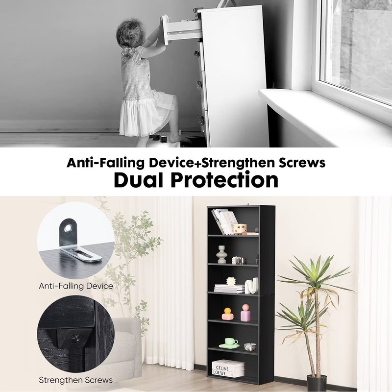 6-Tier Bookcase 63in Adjustable Shelves Anti-Tip Floor Standing Black Wood gallery
