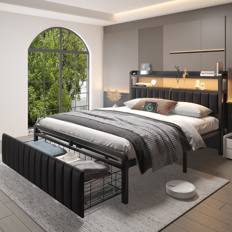 LED Bed Frame Full Queen with Upholstered Storage Headboard and Charging Station gallery