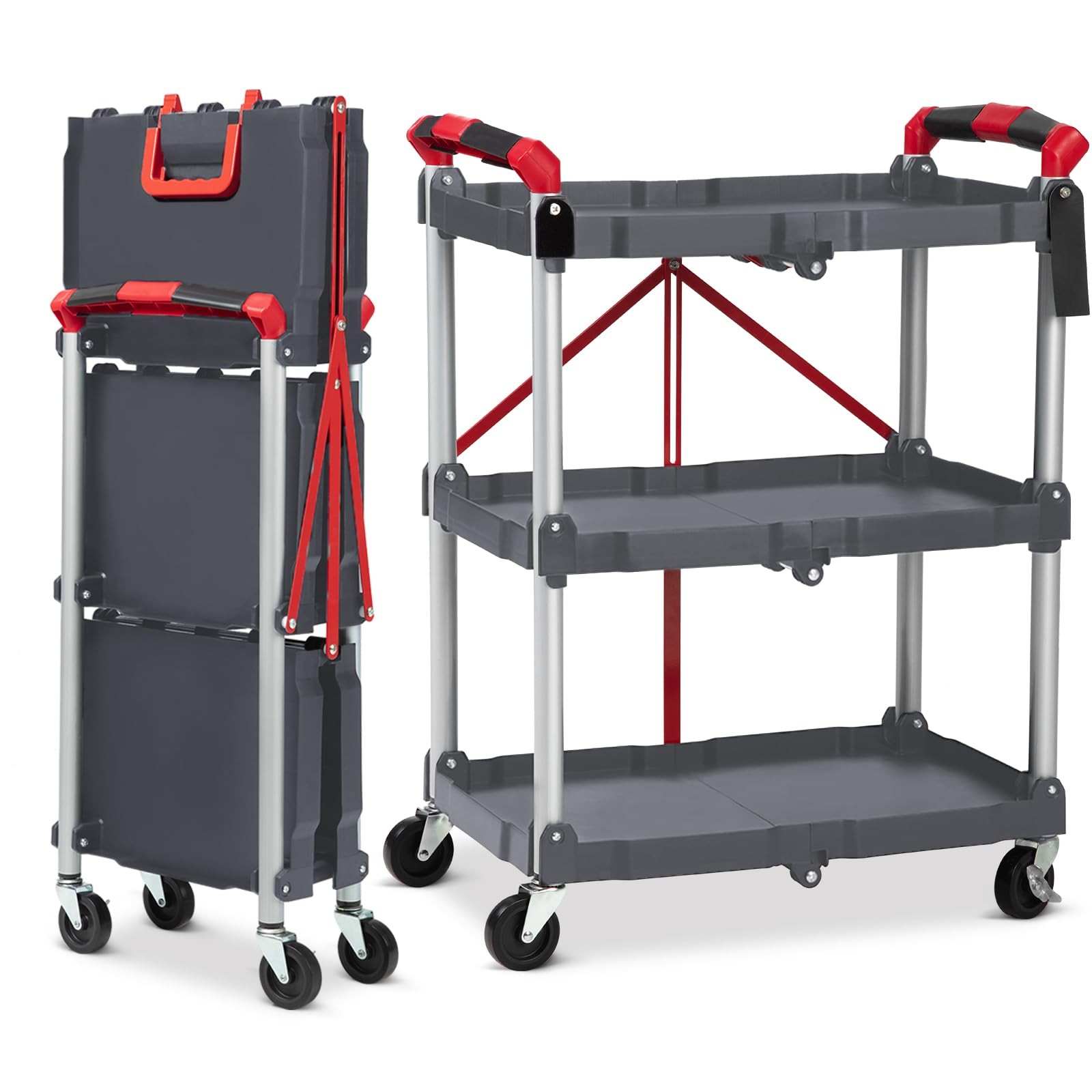 Folding Utility Service Cart, Collapsible Cart with Wheels, 3 Tier Rolling Utili gallery