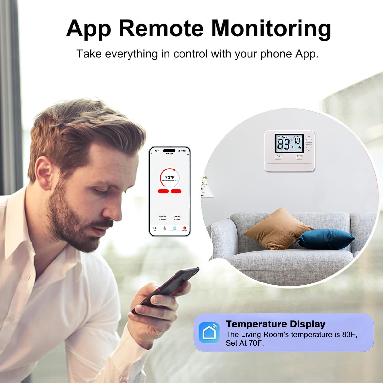 Heagstat WiFi Thermostat for Home, Single-Stage 1 Heat 1 Cool Only, Off-white gallery