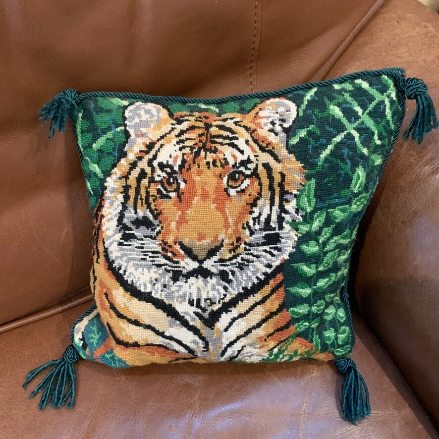 VTG Needlepoint Tiger Pillow Handmade Throw Cross Stitch Retro Small 9.5x9.5" gallery