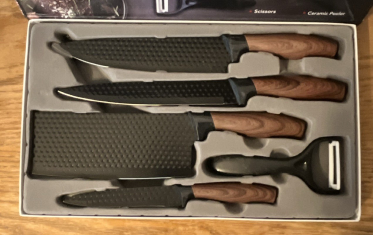 ER-009 Kitchen Knife Set Cleaver Chef Slicer Utility Peeler Black Brown gallery