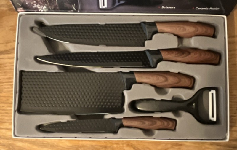 ER-009 Kitchen Knife Set Cleaver Chef Slicer Utility Peeler Black Brown gallery