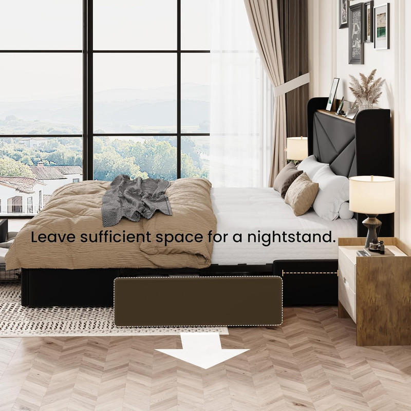 SHA CERLIN King Size Bed Frame with 3 Drawers, USB & Type-C Charging Ports, Velv gallery