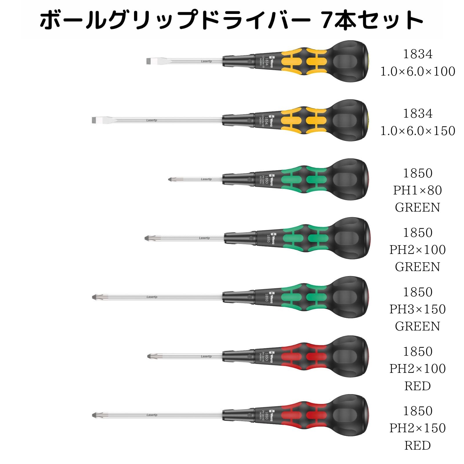 Wera Laser Tip Ball Grip Screwdriver Set 7 Pieces PH Slotted Green Red Yellow gallery