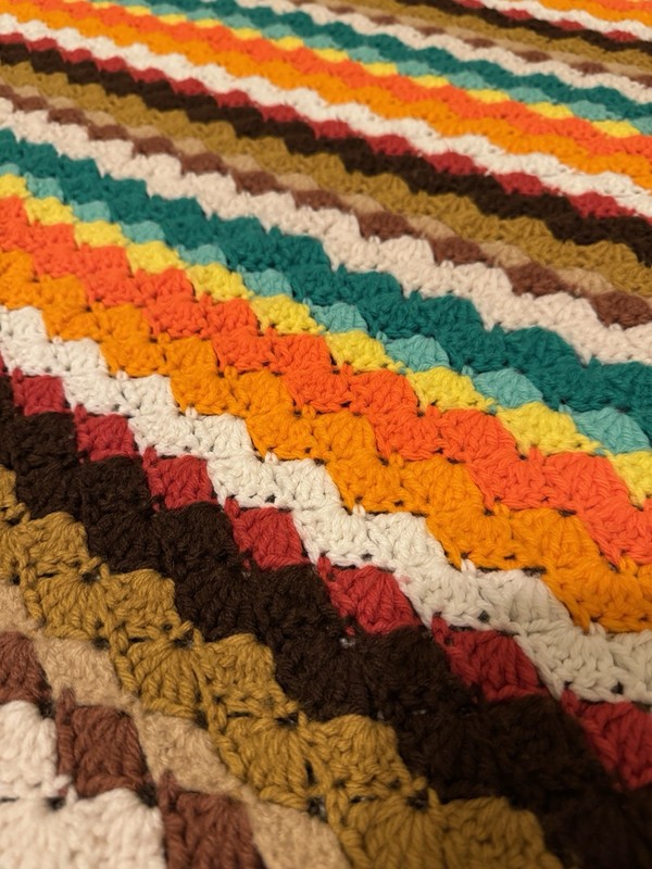 Crochet Afghan Throw Blanket Chevron Stripes 80”x63” VTG Handmade Fall Colors gallery