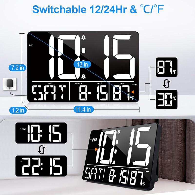 13" Bluetooth Auto Sync Wall Clock - Large Digital Alarm Clock with Remote 25... gallery