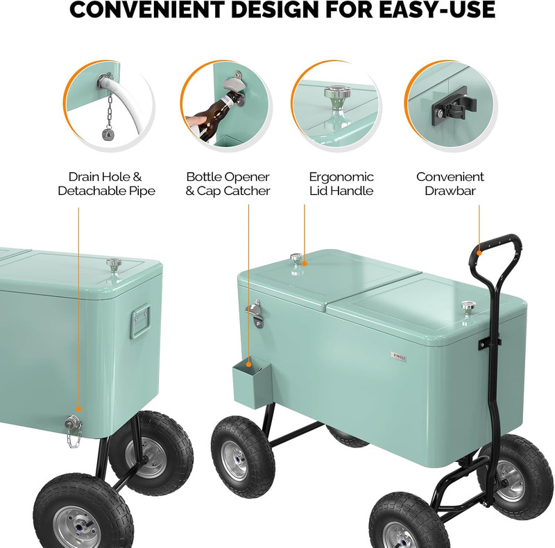 VINGLI 80 Quart Wagon Rolling Cooler Ice Chest, W/Long Handle and 10" Wheels, Po gallery