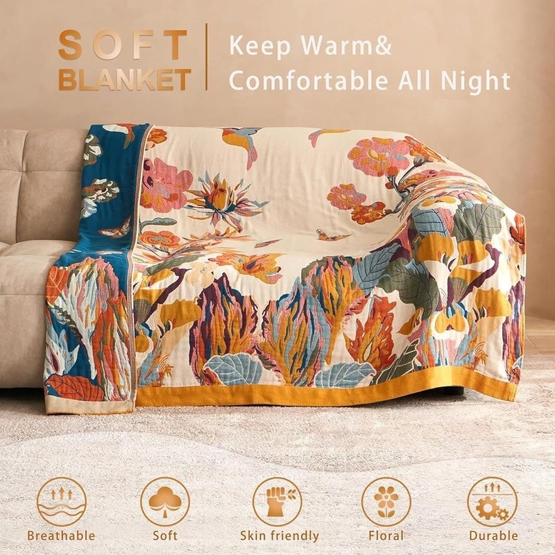Cotton Boho Throw Blanket Reversible Lightweight Soft Muslin Floral Design New gallery