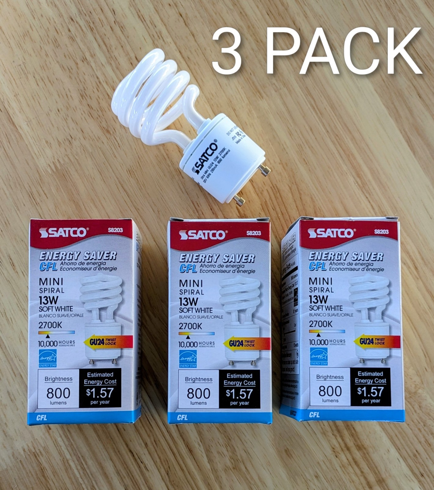 3 PACK Satco S8203 13W 2 Pin GU24 Base Mini Spiral CFL Light Bulb Soft White gallery