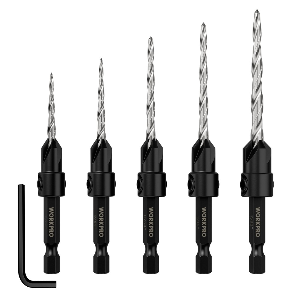 WORKPRO 5PC HSS Countersink Drill Bit M2 4Flute Woodworking Pilot Screw Hole Set gallery