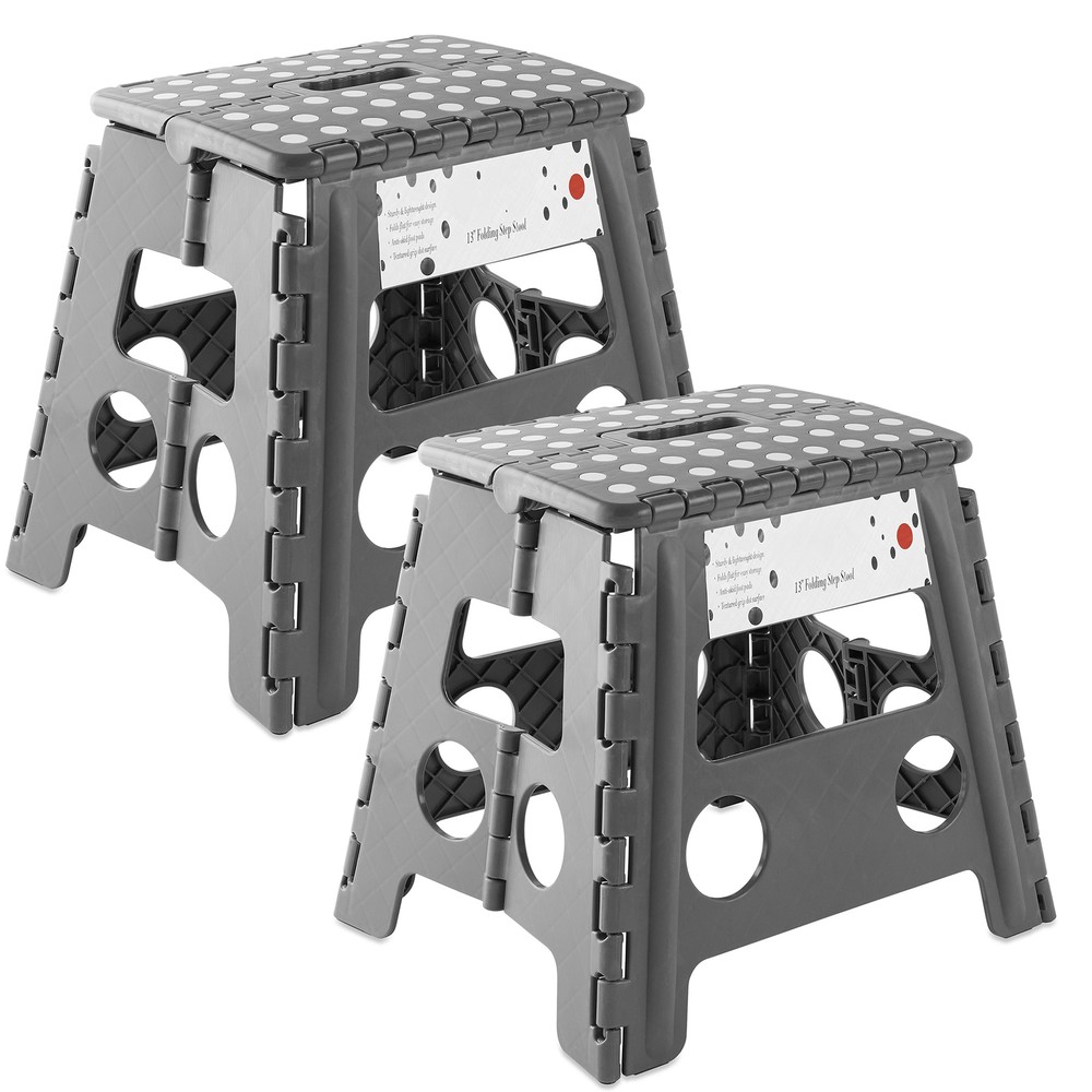 2 Pack - 13" Folding Plastic Step Foot Stools with Handle - Gray