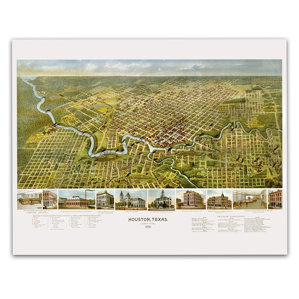 Houston Texas 1891 Birdseye View Map Vintage City Panorama Wall Art Print gallery