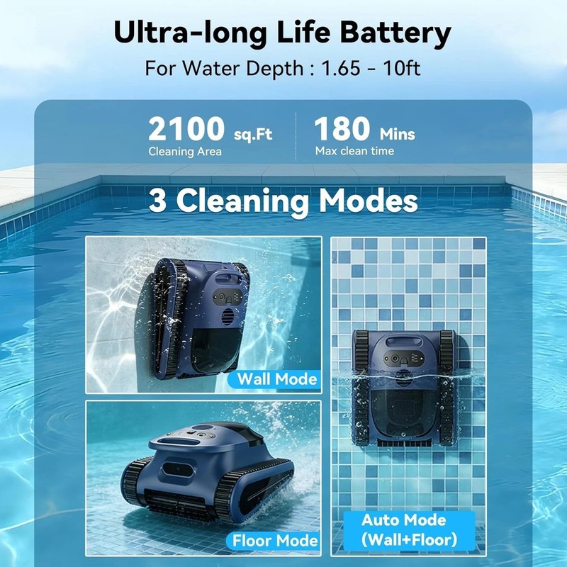 Seauto Cordless Robotic Pool Vacuum Wall- Waterline Scrubbing 180Min App Support gallery