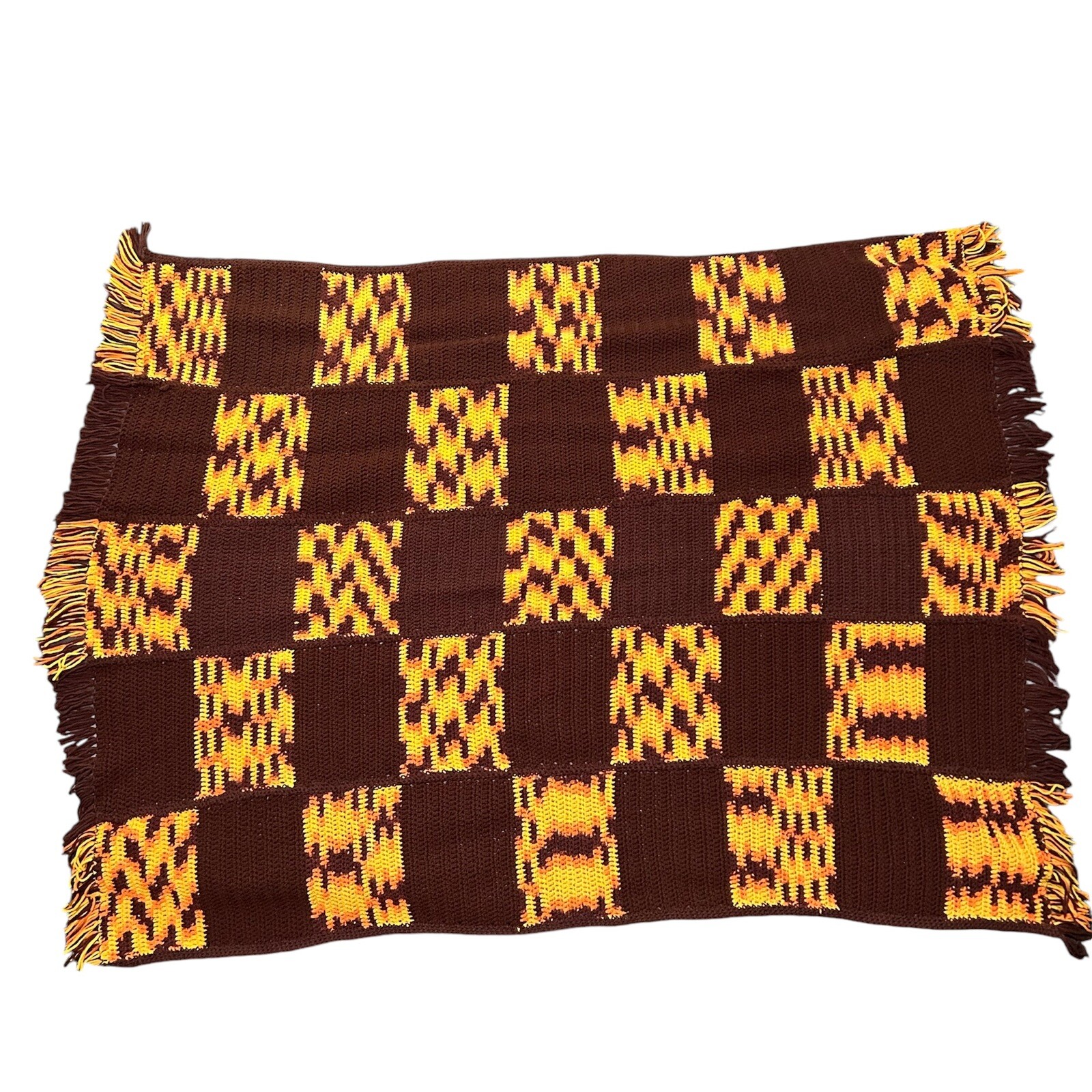Hand Crochet Afghan Throw Blanket Brown Yellow Fall Autumn 63x49" Fringe Square gallery