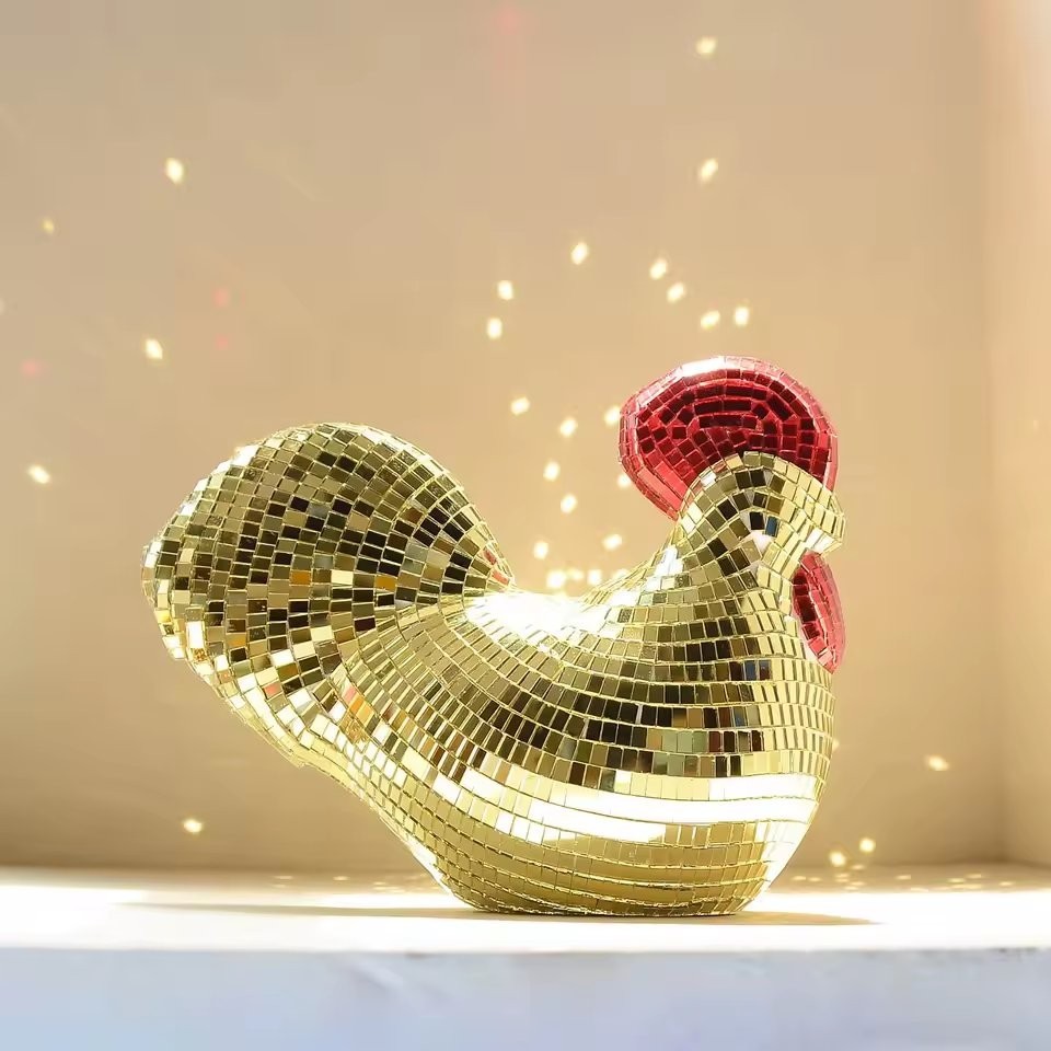 Mirror Disco Ball Rooster Statue Creative Chicken Sculpture Party Home Decor New
