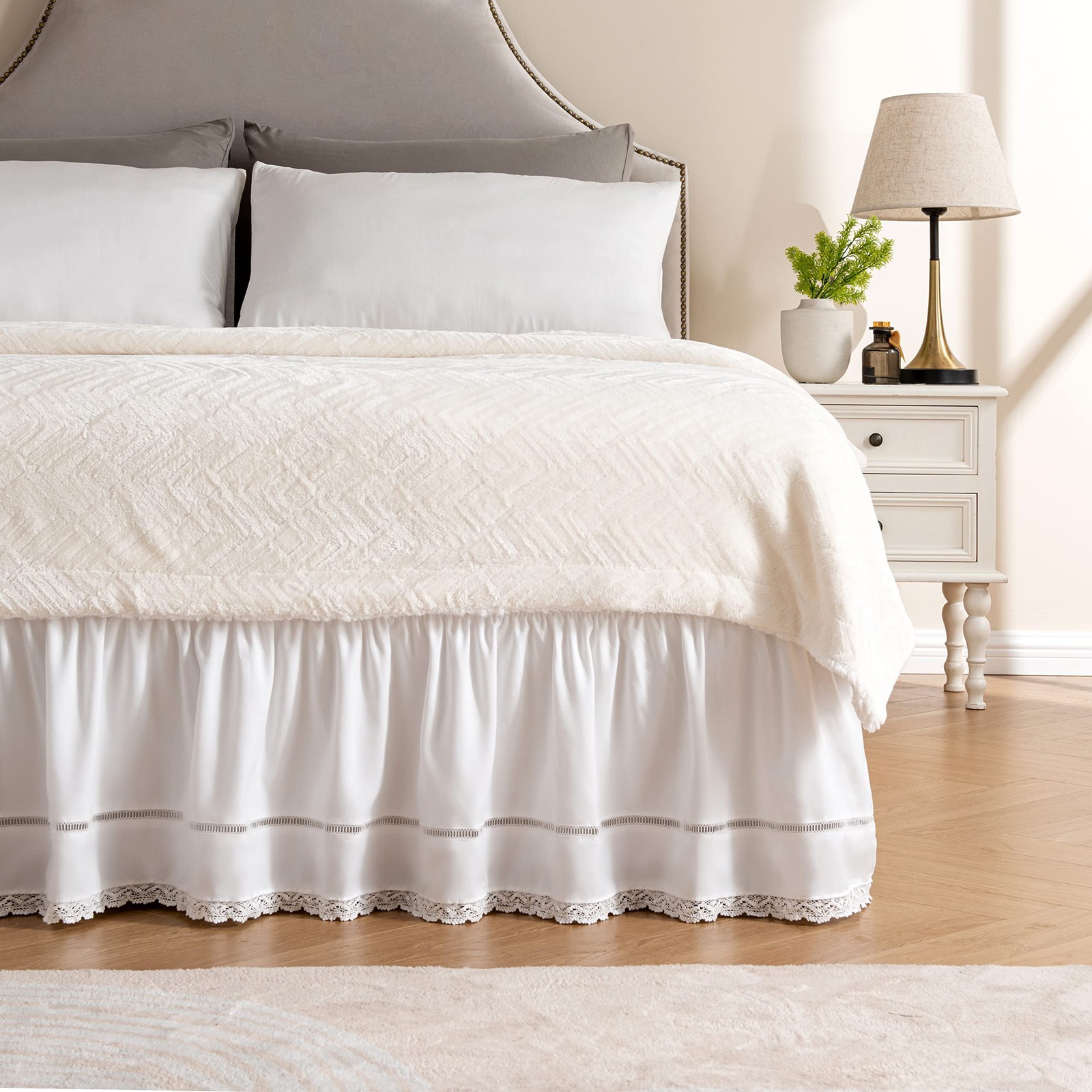 Wrap Around Ruffled Lace Bed Skirt Elastic Dust Ruffle with Adjustable Belts15 gallery