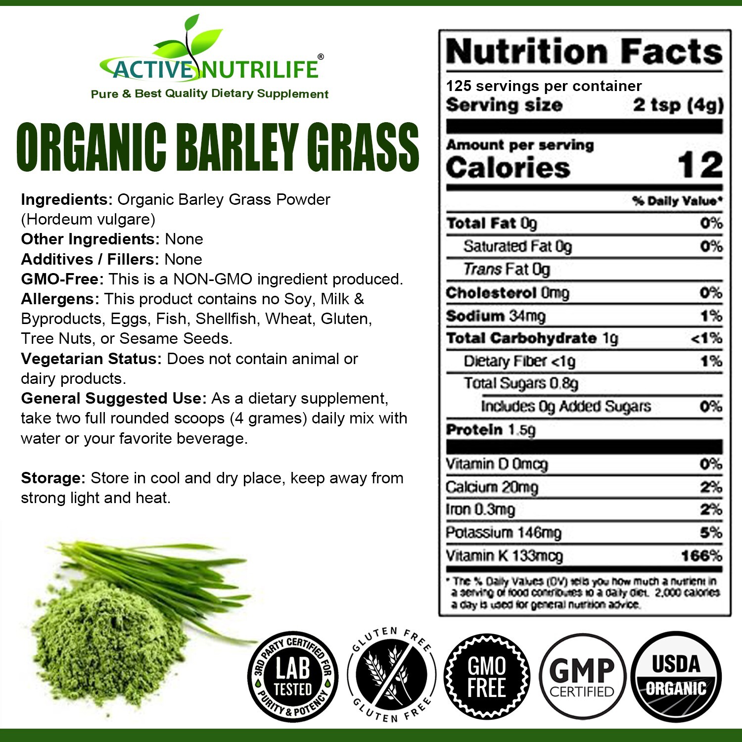 Organic Barley Grass Powder , USDA Certified, Green Vegan Superfood 500g gallery