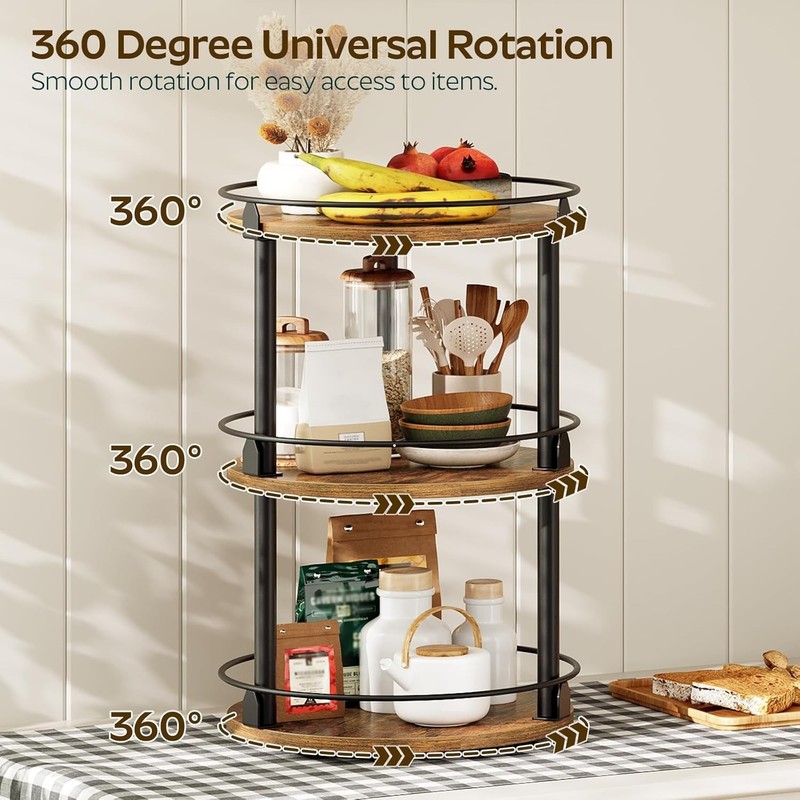Industrial 3-Tier Spice Rack - Rustic Brown & Black, Smooth Rotating Organizer gallery