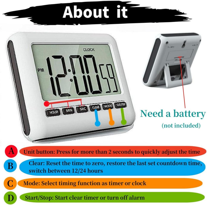 Magnetic Digital Clock for Kitchen - Timer with Alarm, 12/24 Hours, Big Screen, gallery