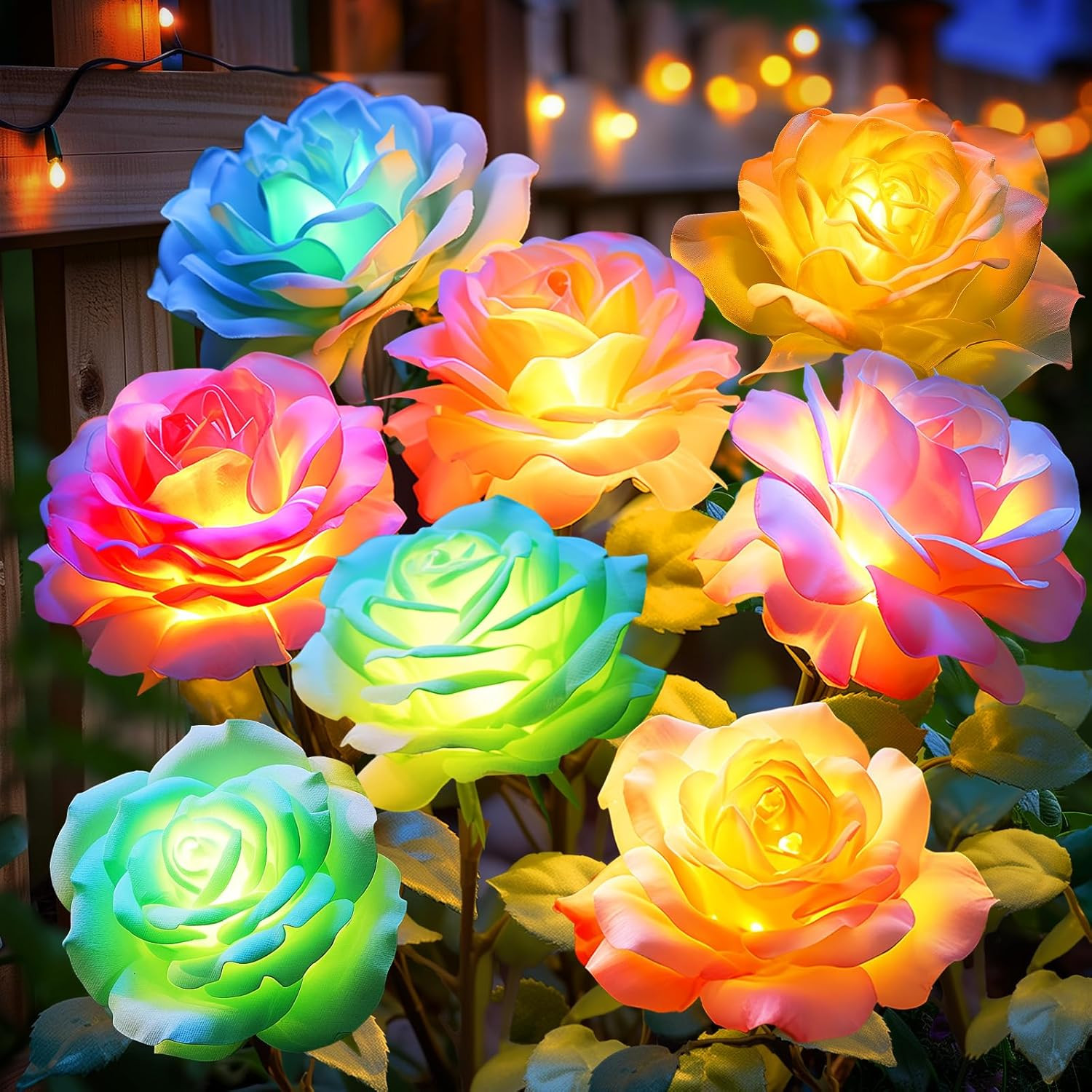 Solar Flower Lights Outdoor Waterproof: 4 Pack 7-Color Changing LED Rose Stake D gallery