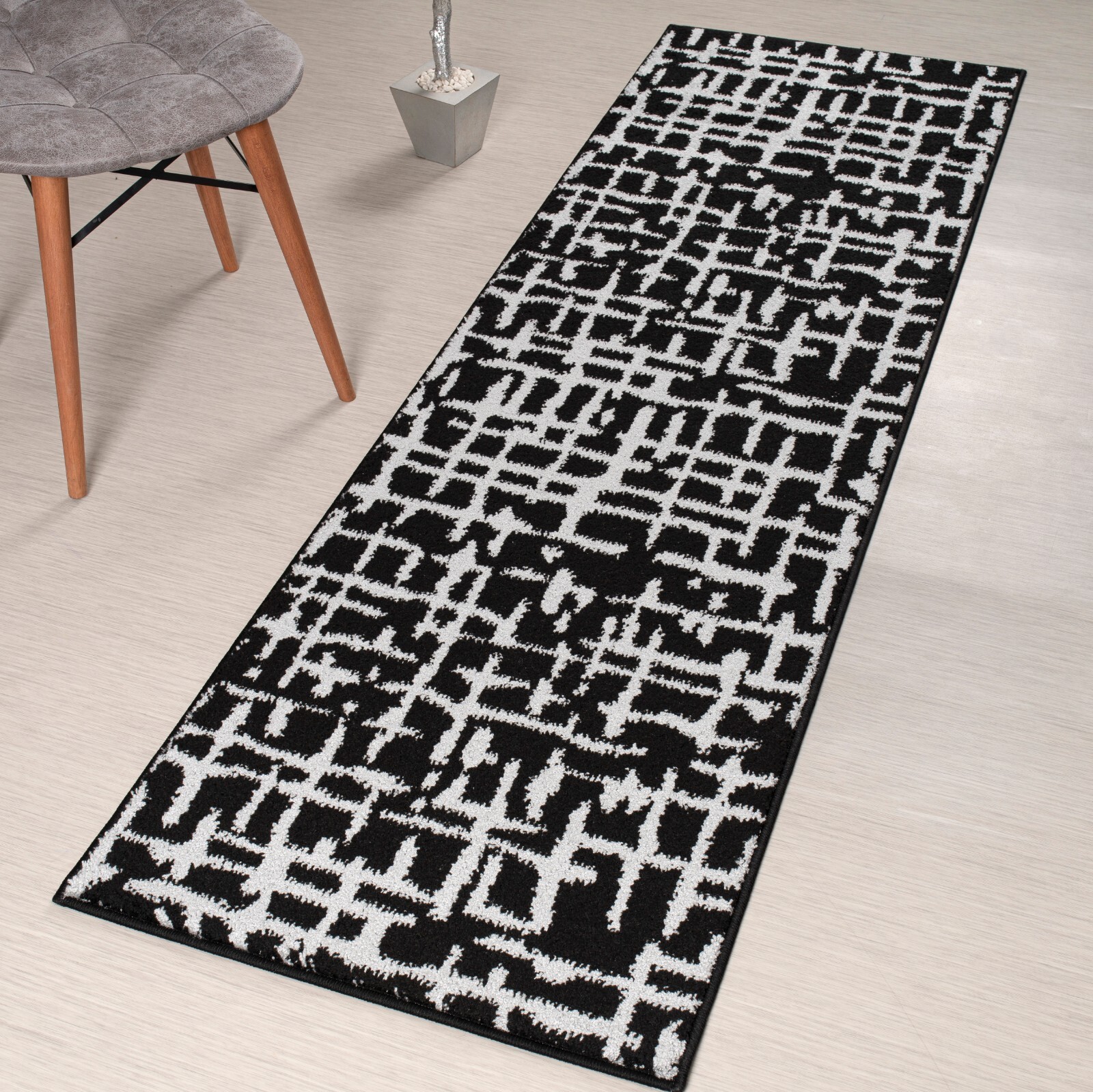 Custom Length Hallway Kitchen Runner Rug, Non Slip, Scandinavian, Black & Silver gallery
