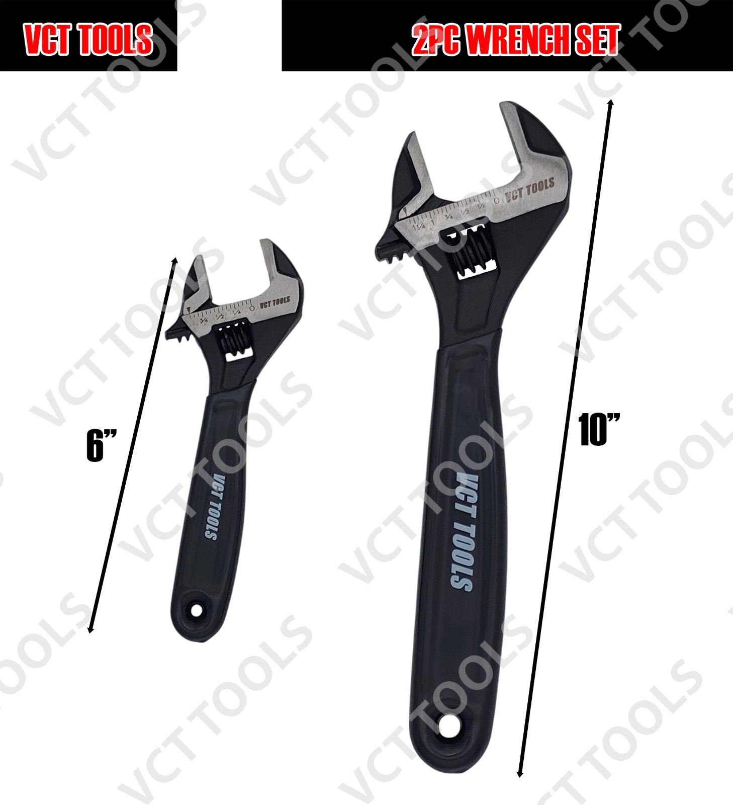 VCT 2PC Adjustable Wrench Set 6" 10" Crescent Wrench Wide Jaw Black Oxide Finish gallery