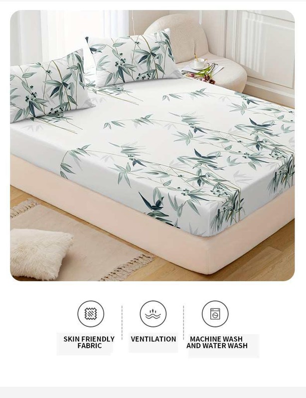 3pcs Bamboo Leaf Print Fitted Sheet Set Soft Hypoallergenic Breathable gallery