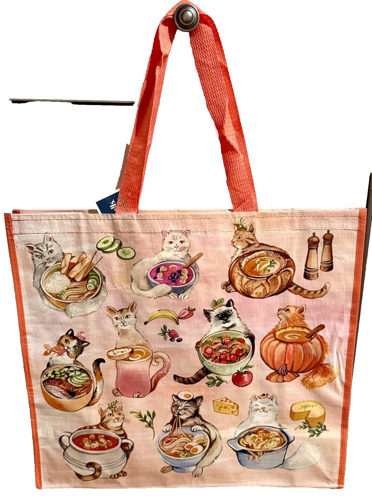 MARSHALLS REUSABLE LARGE TOTE SHOPPING BAG 20" X 18" FUNNY CATS FOOD NOODLES NEW gallery