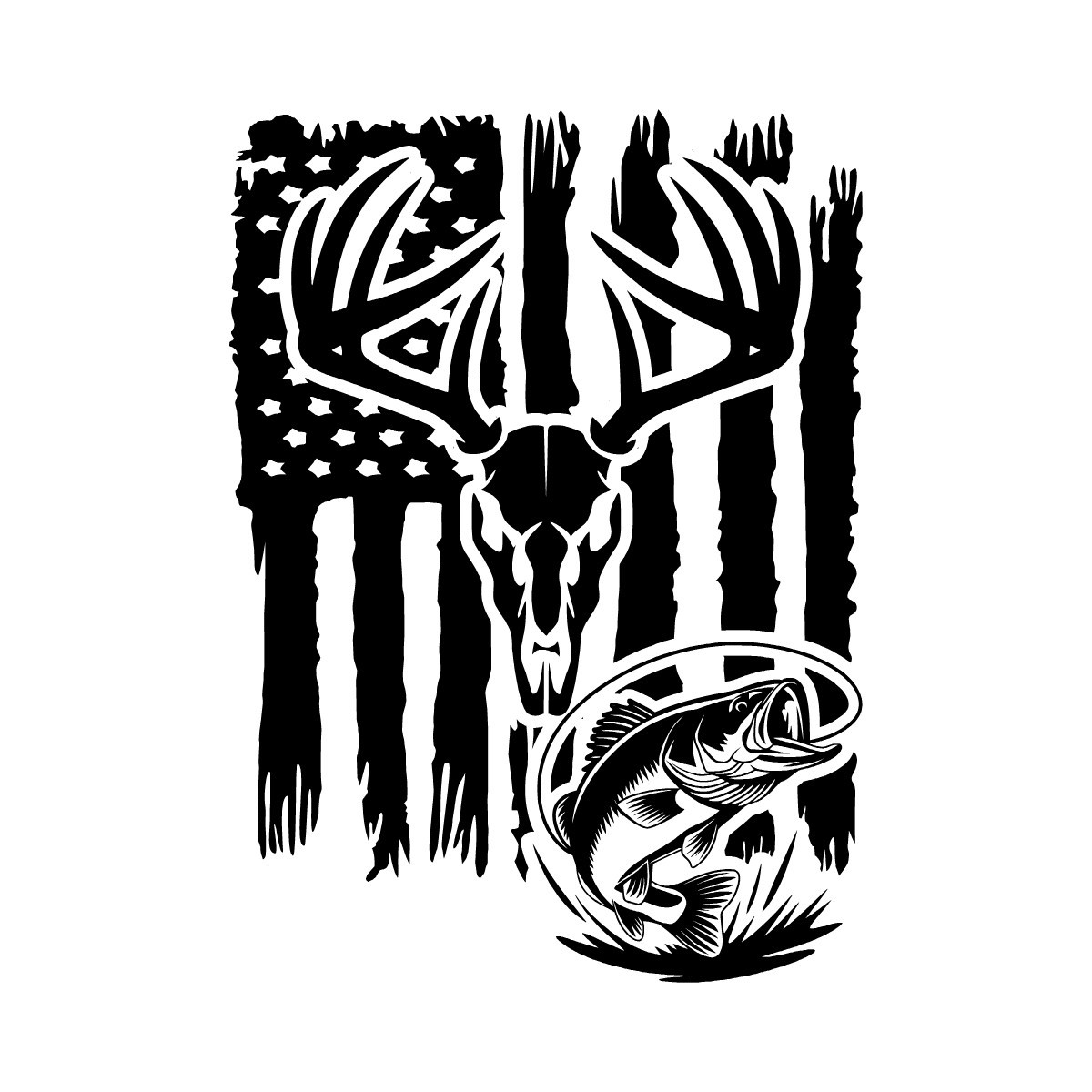 Distressed American Flag Whitetail Buck Largemouth Bass Hunt Fish Decal Sticker gallery