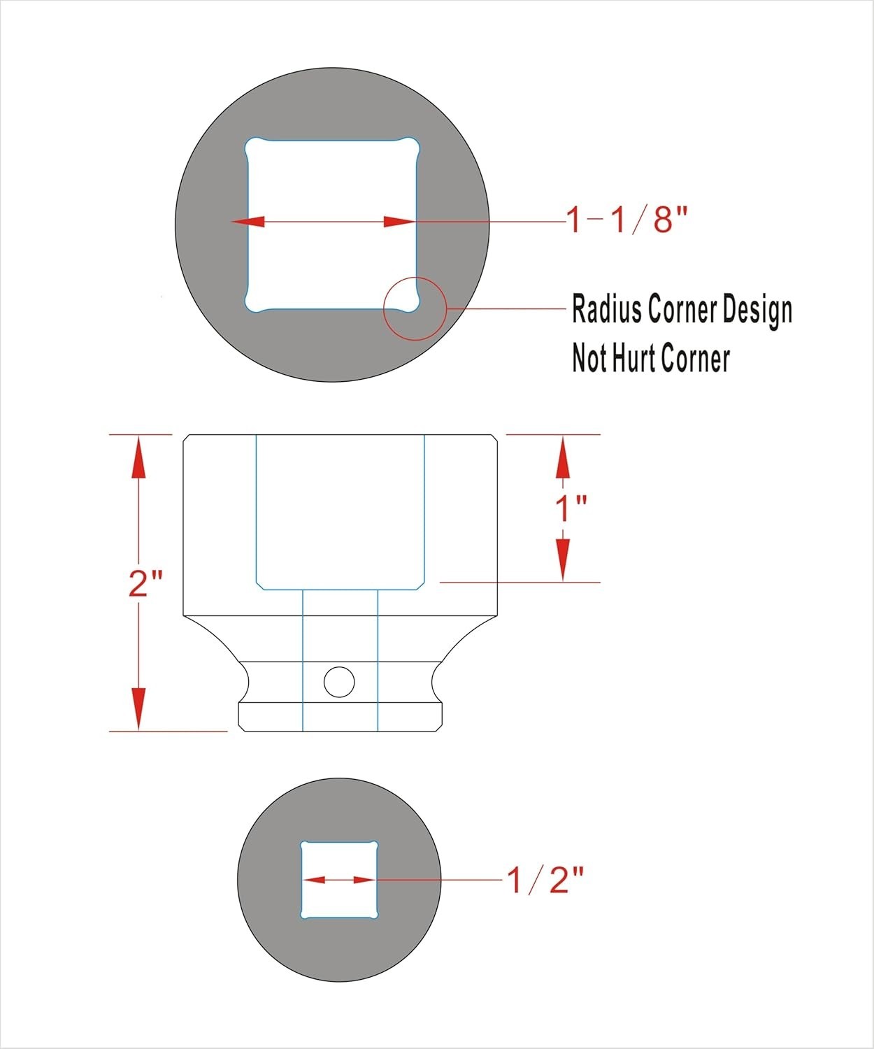 1/2" Drive 1-1/8", 4-Point Square Impact Socket, Heat Treated Cr-Mo Alloy Steel gallery