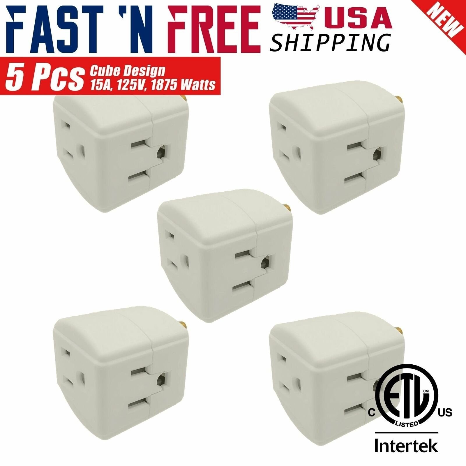 5 Packs Grounded 3 Outlet ETL Certified Cube Wall Tap Adapter (Light Grey) gallery