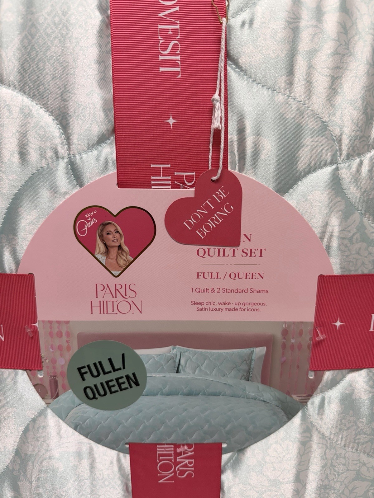 Paris Hilton Satin Quilt Set Full Queen Aqua Blue Damask 3 Pc Shams gallery